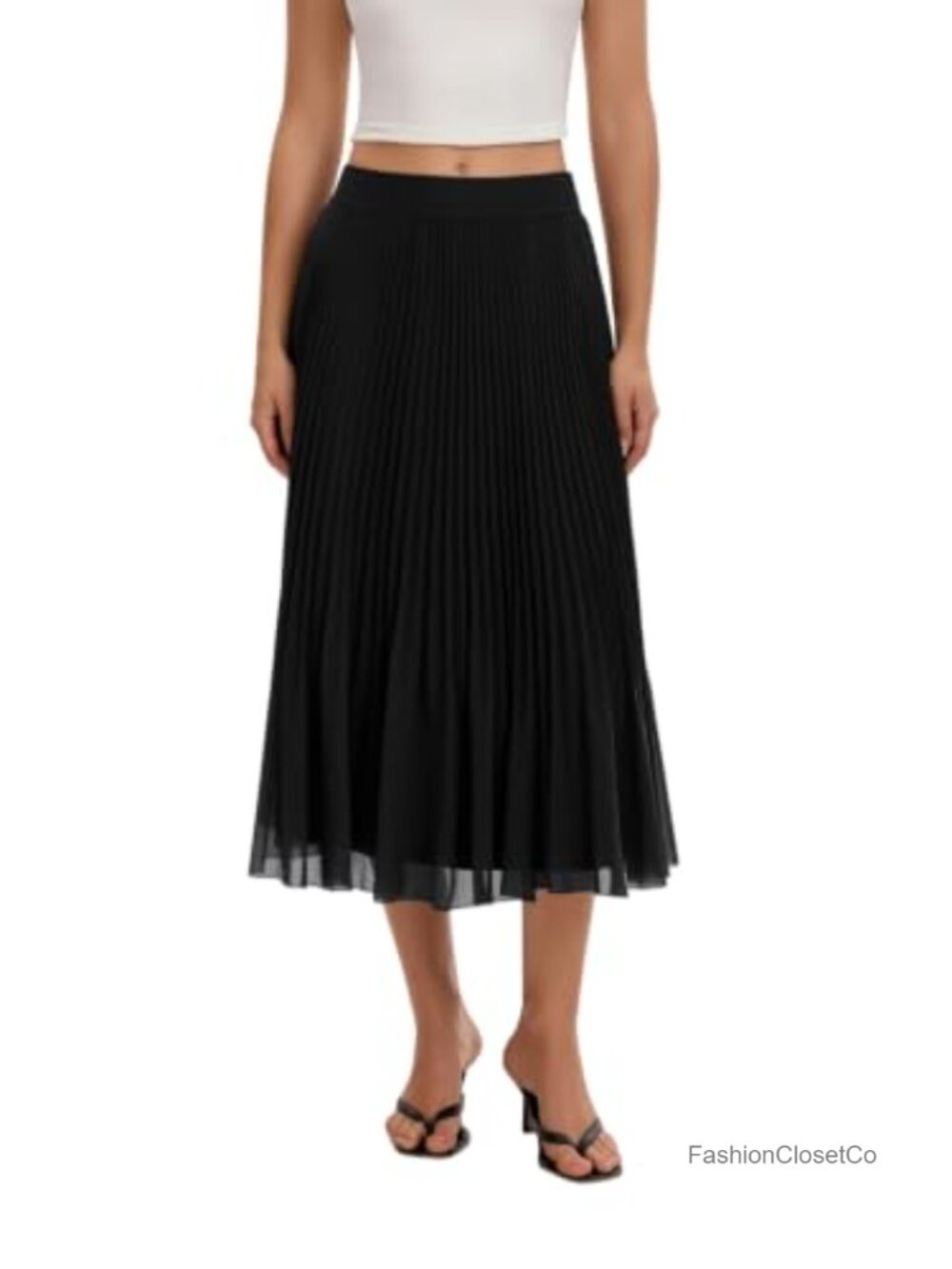 Flowy Pleated Chiffon A-Line Midi Skirt Elastic Waist Soft Lining